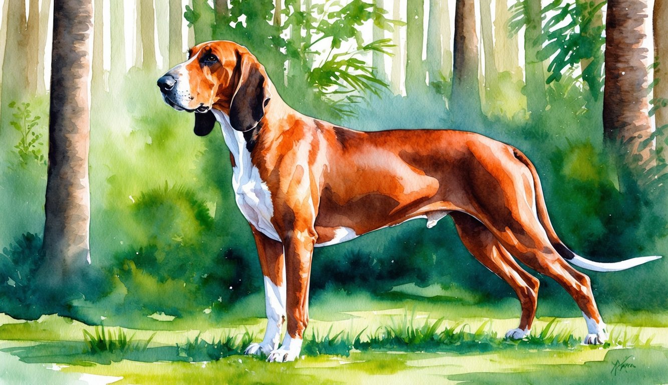 A Bloodhound stands proudly amidst a lush forest, its ears and jowls flowing as it sniffs the air