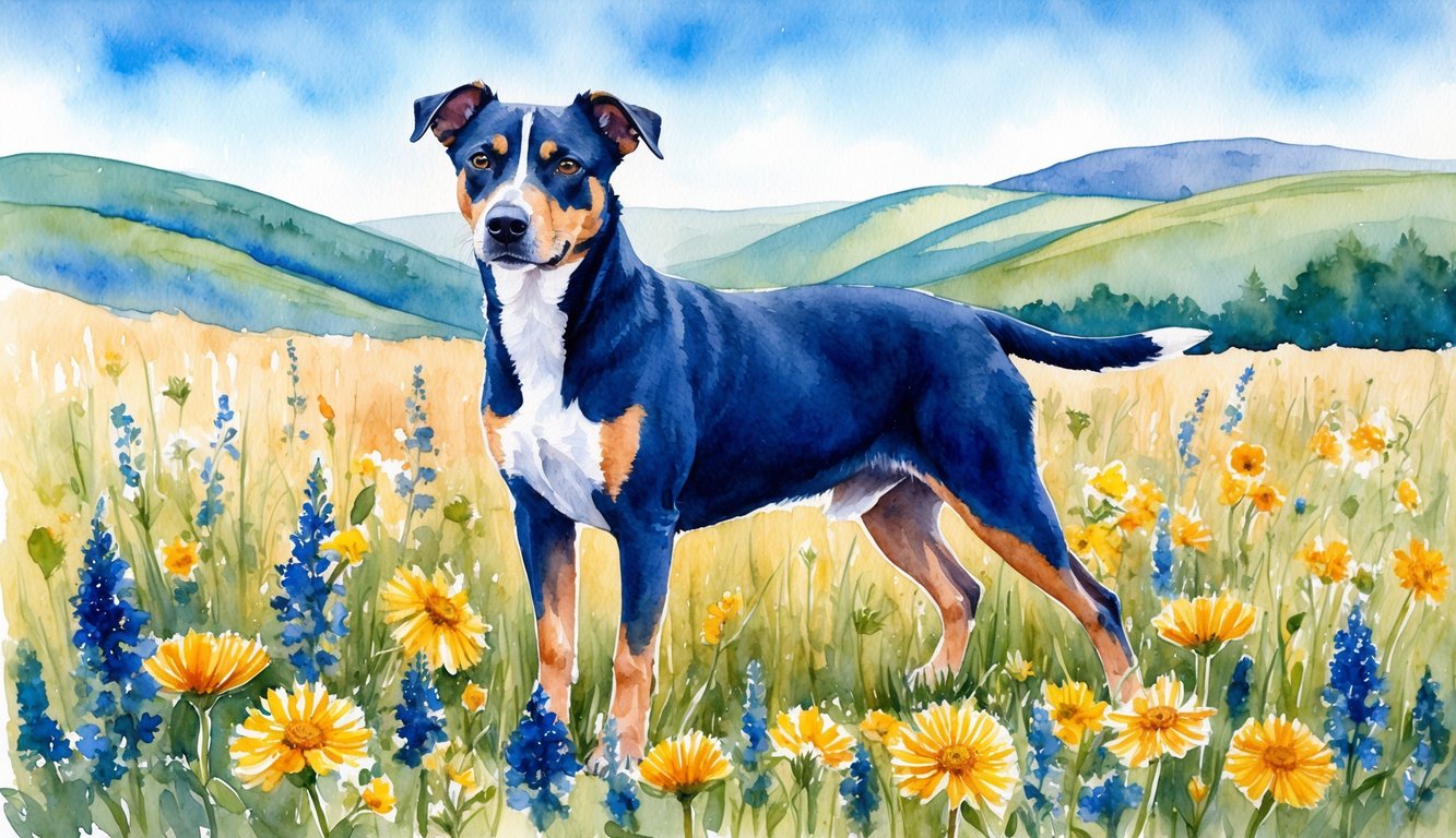 A Blue Heeler standing in a field of wildflowers, with a clear blue sky and rolling hills in the background