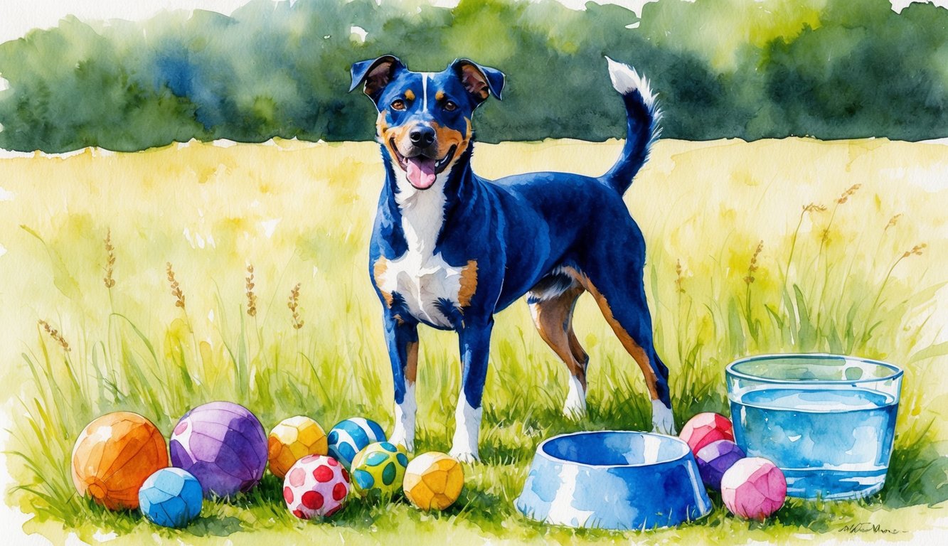 A Blue Heeler stands proudly in a grassy field, ears perked and tail wagging, surrounded by a collection of colorful toys and a water bowl