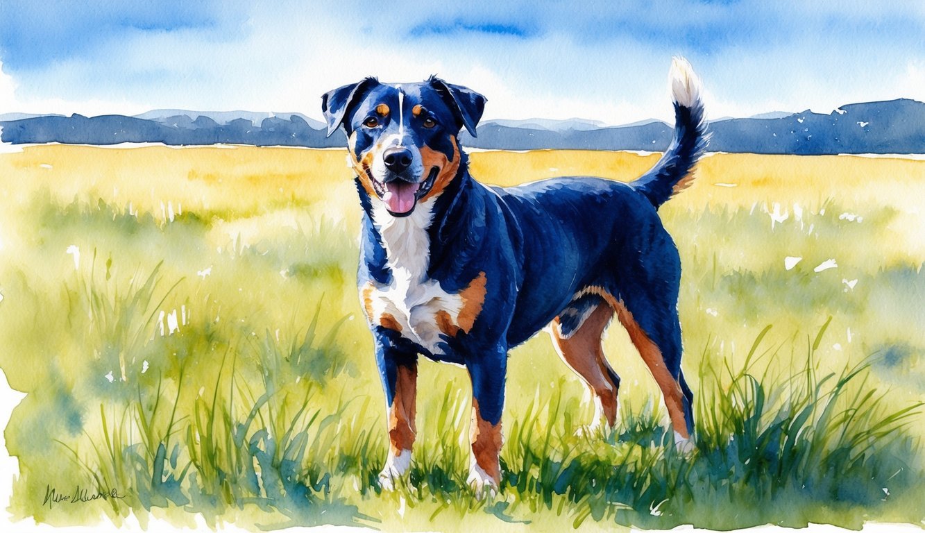 A Blue Heeler dog standing proudly in a grassy field, with a clear blue sky in the background