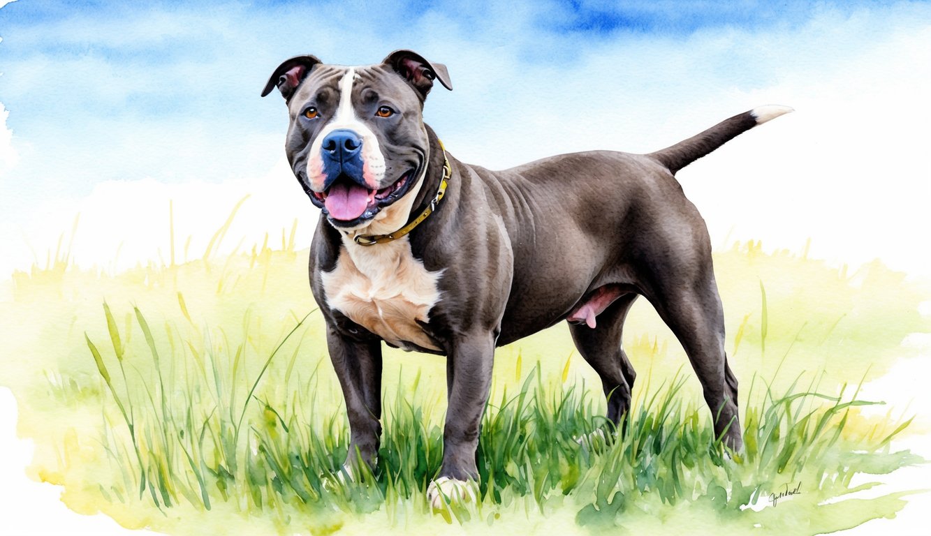 A blue nose pit bull stands proudly, tail wagging, in a grassy field with a clear blue sky in the background