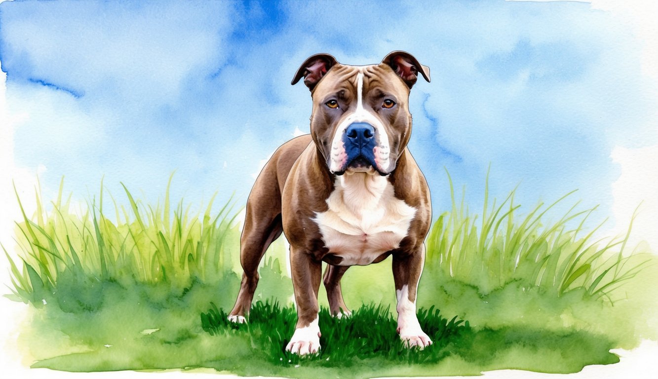 A blue nose pit bull standing proudly, with a regal expression, against a backdrop of a clear blue sky and green grass
