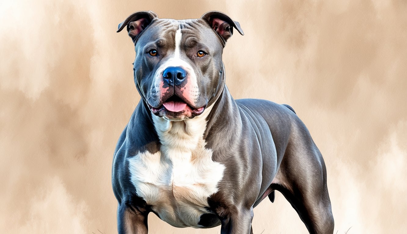 A male blue nose pit bull stands proudly, with a sleek coat and muscular build. His alert eyes and strong stance exude confidence and power