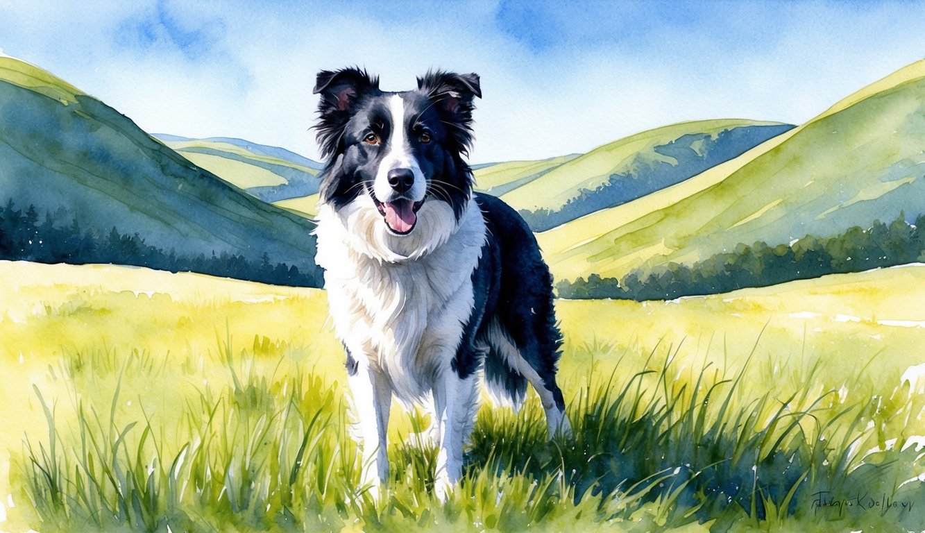 A Border Collie stands in a grassy field, surrounded by rolling hills and a clear blue sky. Its alert expression and focused gaze convey intelligence and energy