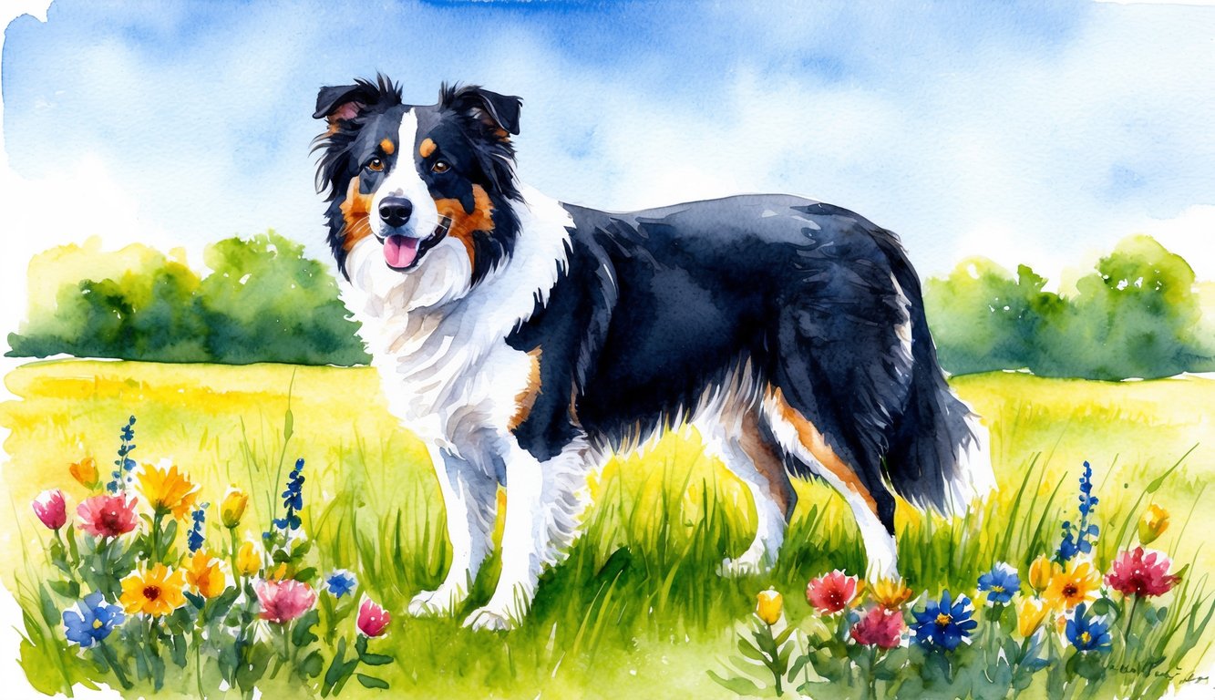 A Border Collie standing in a green field, surrounded by colorful flowers, with a clear blue sky in the background