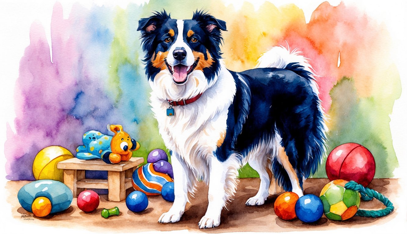 A Border Collie standing proudly with a playful expression, surrounded by a variety of toys and a colorful backdrop