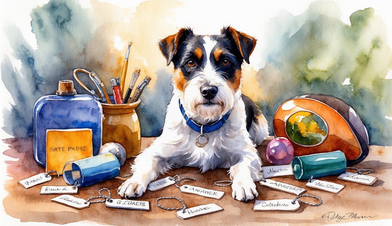 A Border Terrier surrounded by various objects with name tags scattered around