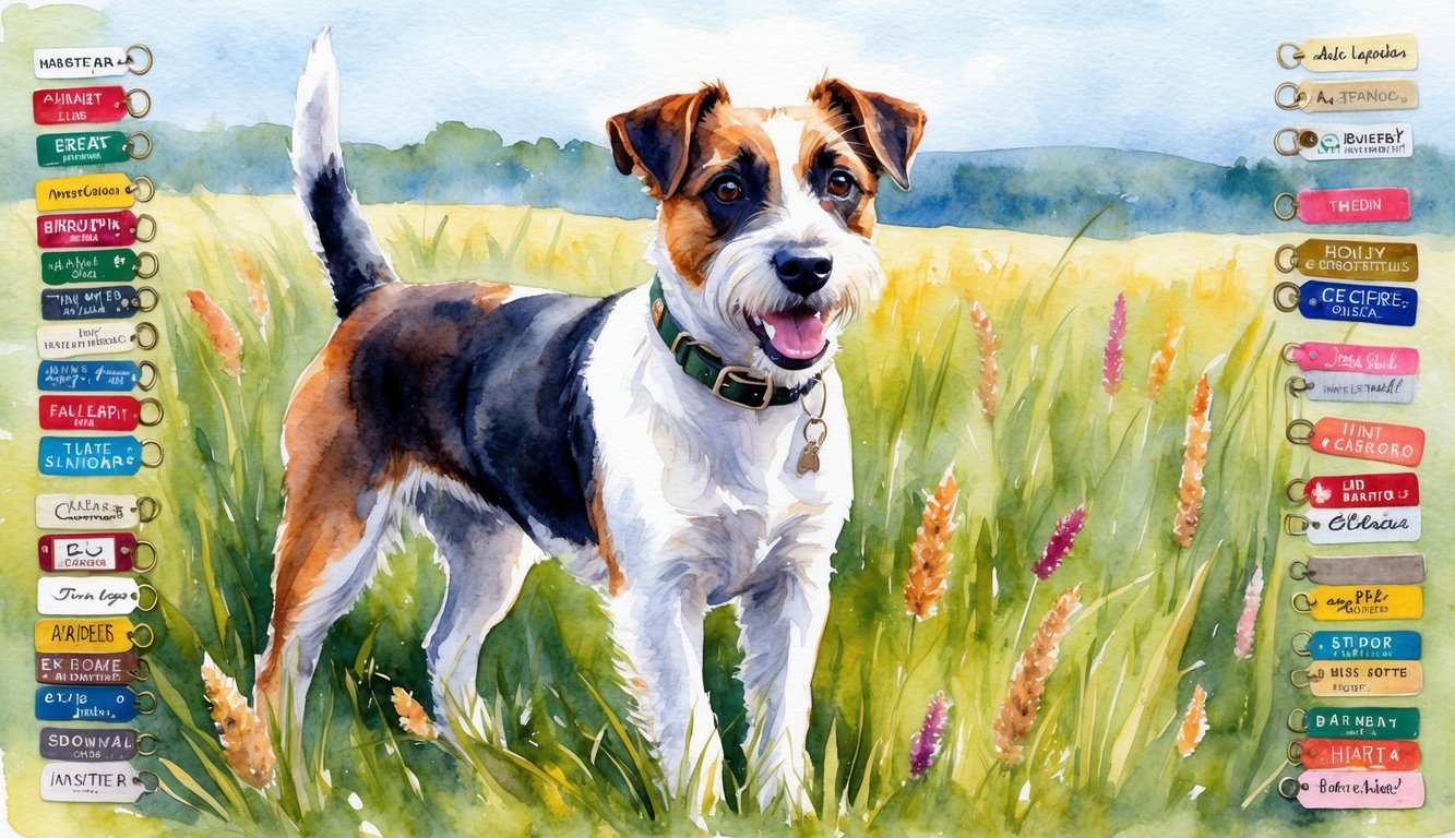 A Border Terrier standing in a field, surrounded by a variety of name tags and collars