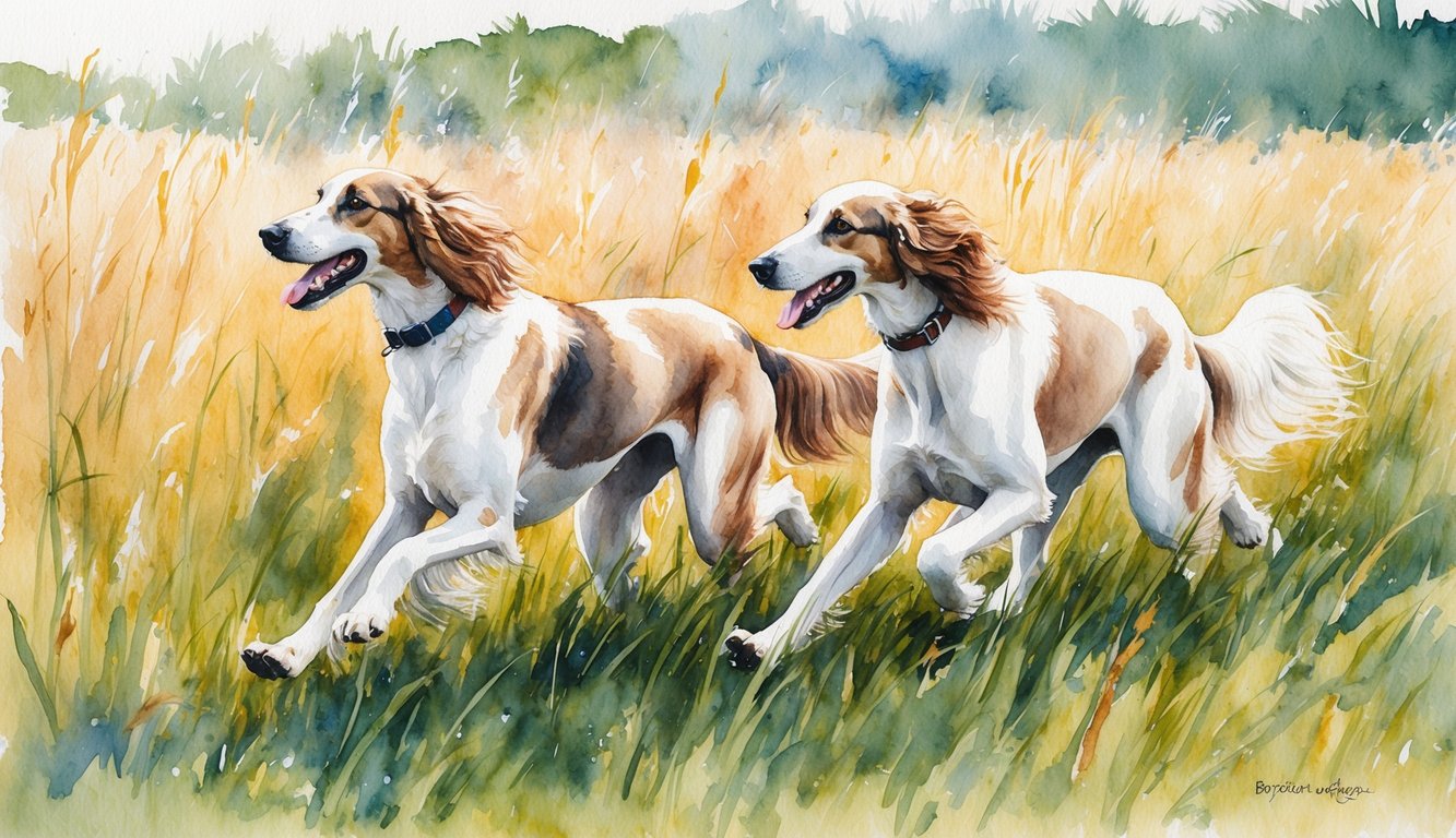 Graceful Borzoi dogs running through a field of tall grass