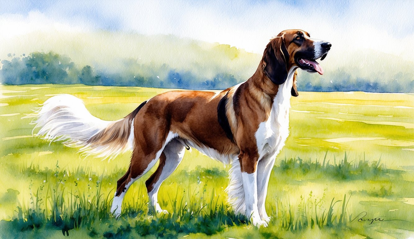 A majestic Borzoi stands proudly in a lush, open field, with its long, elegant coat flowing in the wind