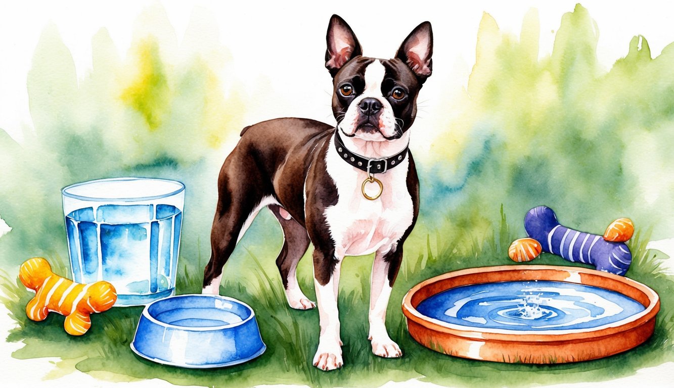 A male Boston Terrier stands proudly with a collar, surrounded by dog toys and a bowl of water