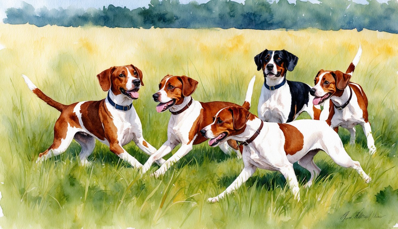 A group of male Brittany dogs playing in a grassy field