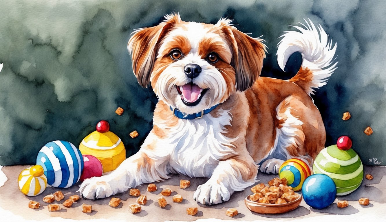 A Brussels Griffon surrounded by toys and treats, with a wagging tail and eager eyes