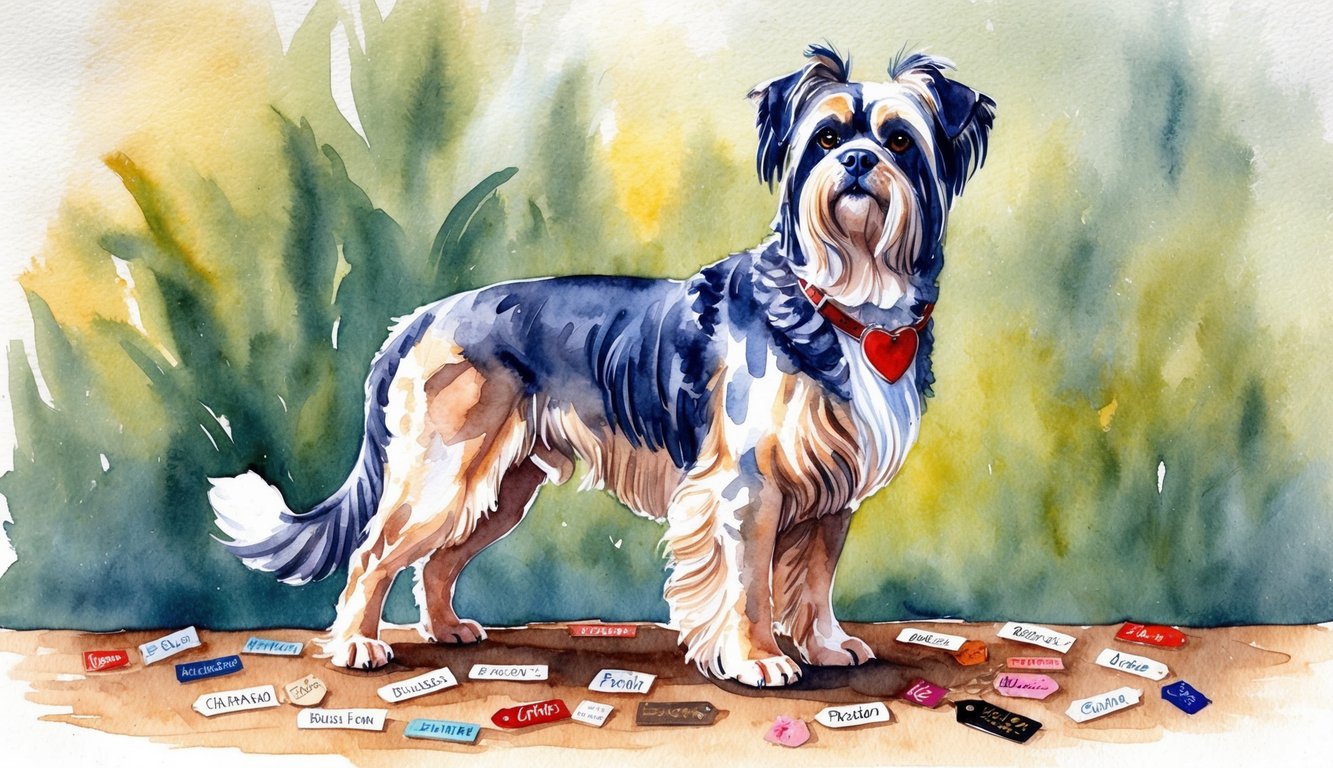 A Brussels Griffon stands proudly with a variety of name tags scattered around