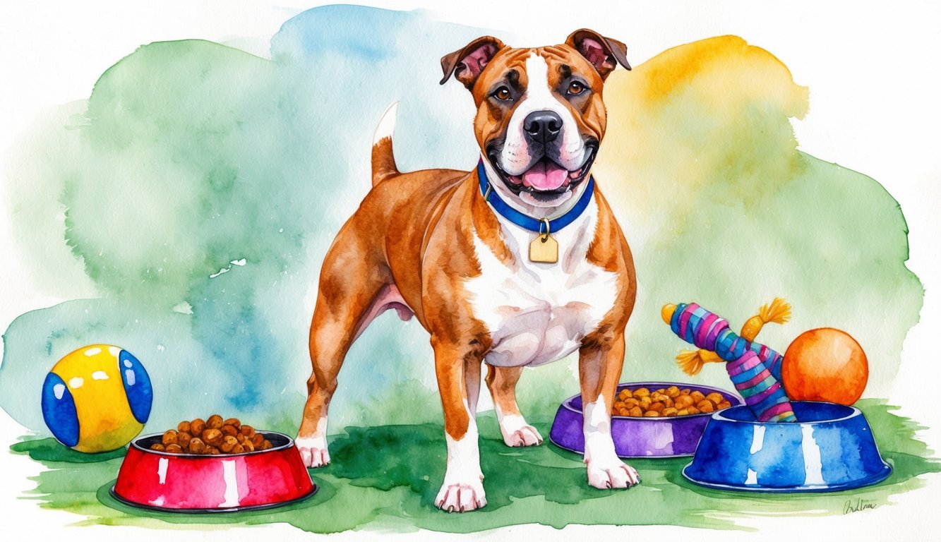 A male English Bull Terrier standing proudly with a name tag around his neck, surrounded by toys and a food bowl