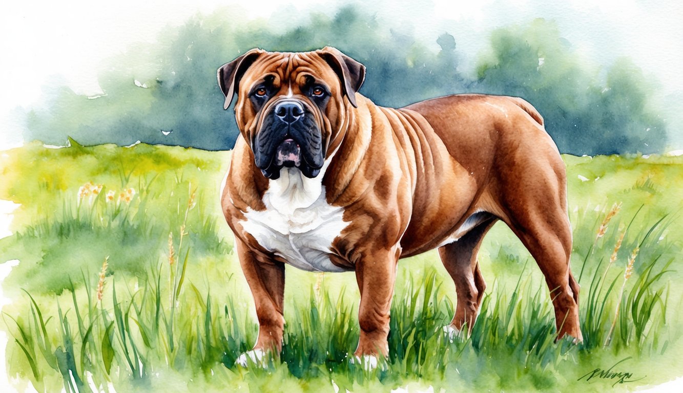 A Bullmastiff standing proudly in a grassy field, with a regal expression and strong, muscular build