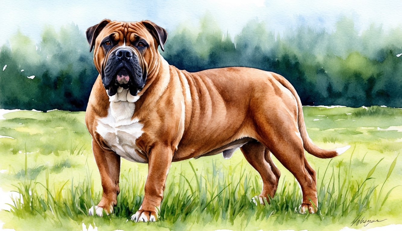 A Bullmastiff standing proudly in a grassy field, with a strong and powerful stance, looking attentive and ready