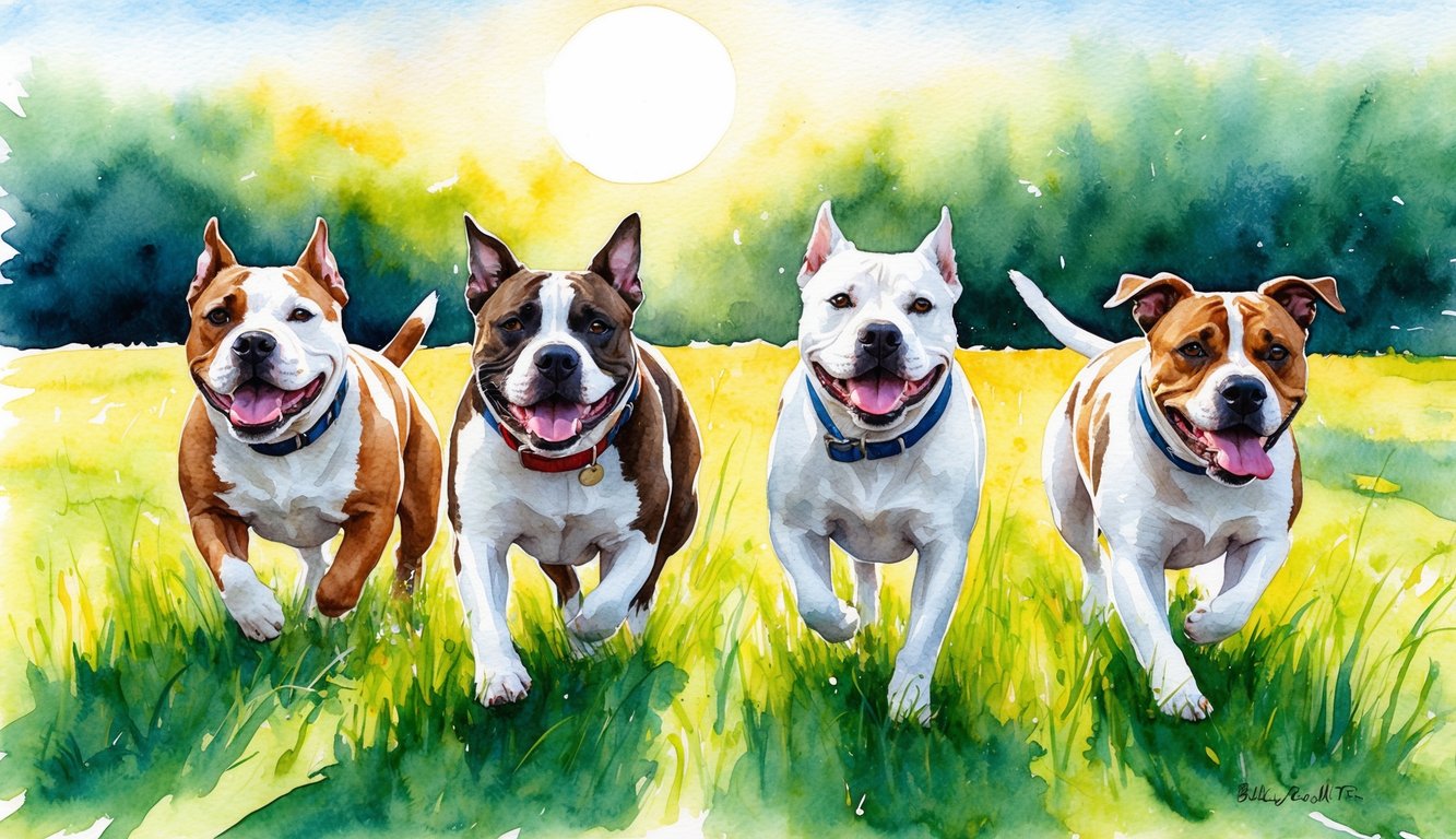A group of Bully Gull Terr dogs playing in a grassy field under a bright sun