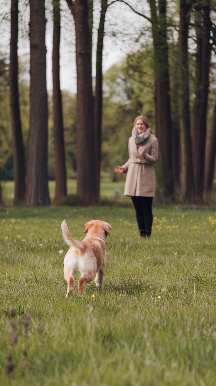 A happy dog running towards its owner who is signaling with a hand gesture.