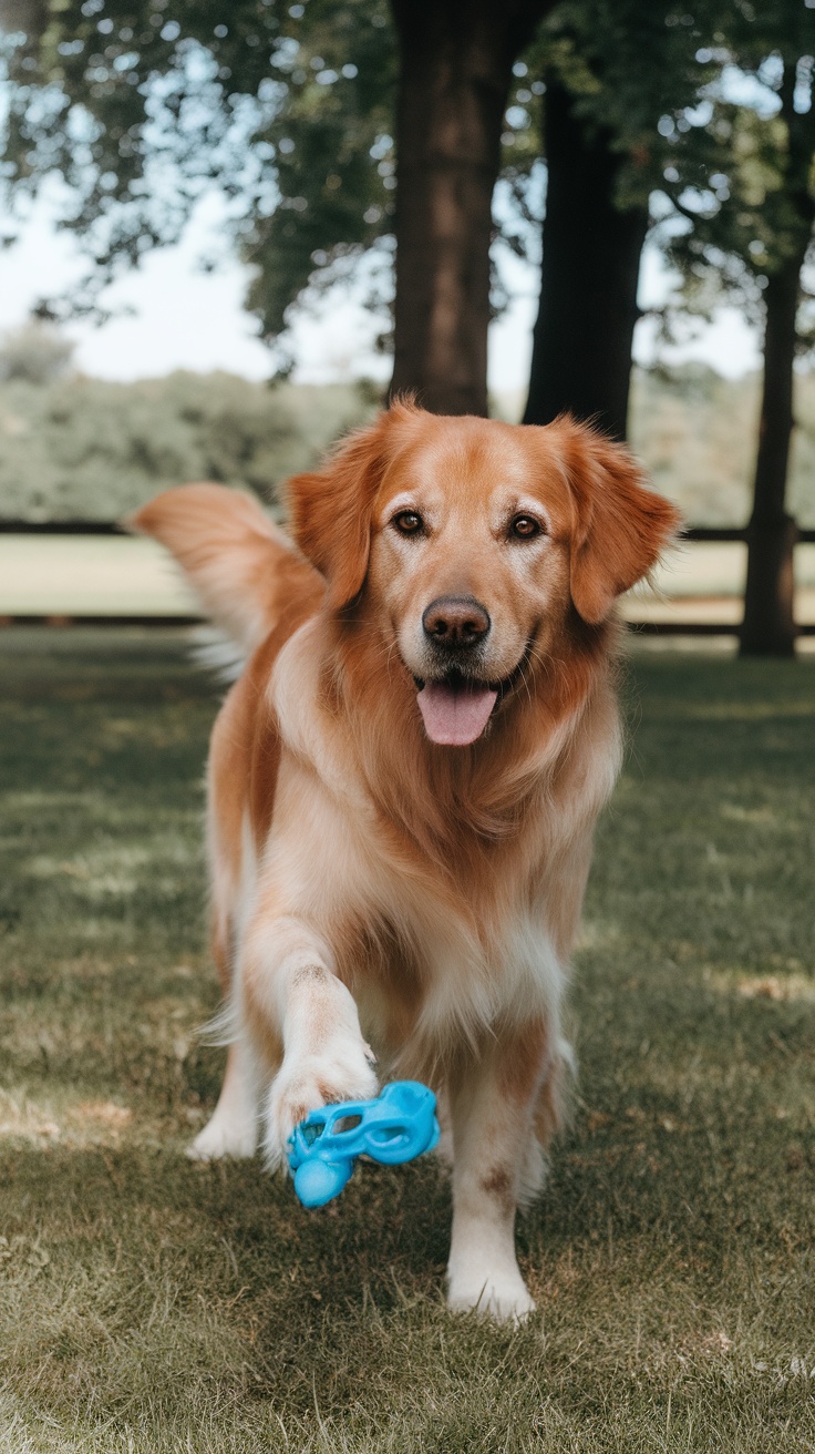 A golden retriever holding a blue toy, showcasing the dog command 'drop it'.