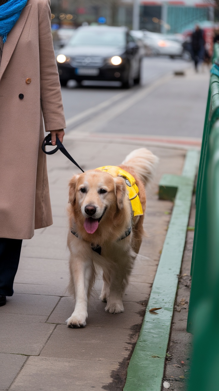 A golden retriever walking on a leash beside its owner in a city setting.