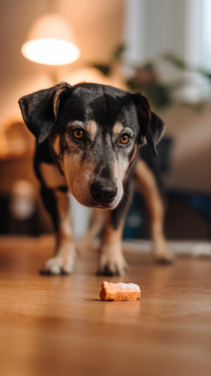 A focused dog staring at a treat on the floor, illustrating the command 'Leave It' in dog training.