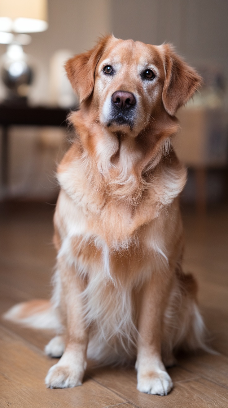 A golden retriever sitting calmly in a room, looking attentive.