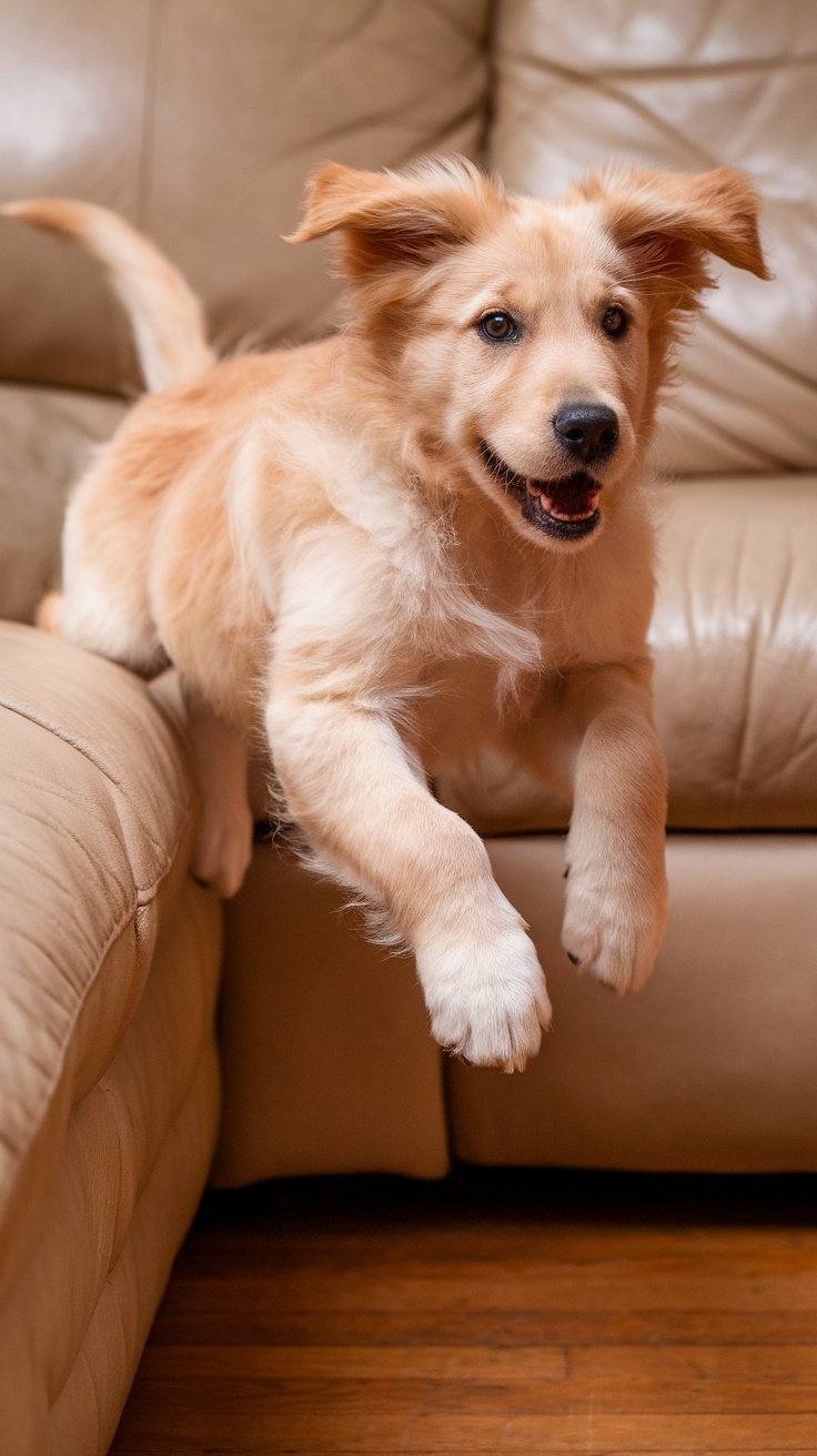 A playful dog jumping off a couch with a happy expression.