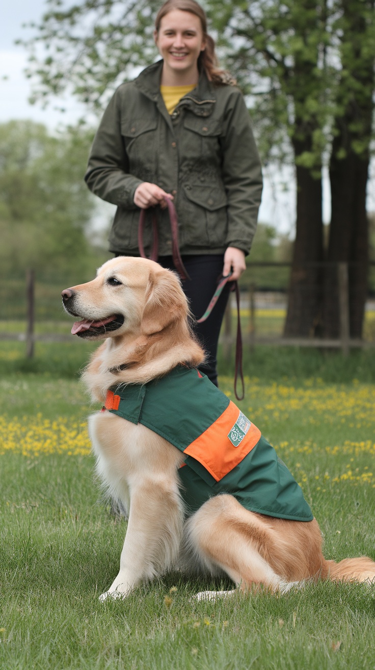 A golden retriever sitting on grass, wearing a green and orange jacket, with a person standing behind it, holding a leash.