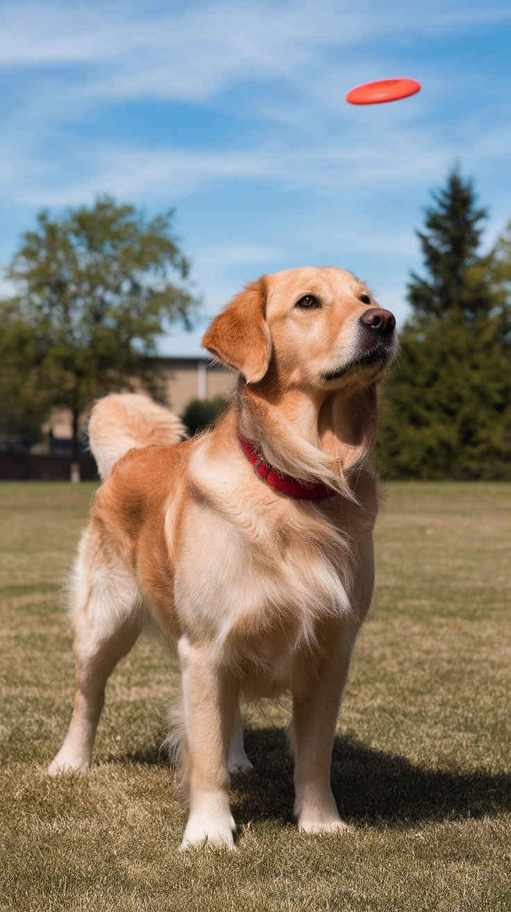 Golden Retriever focused on a frisbee in the air while standing on grass.
