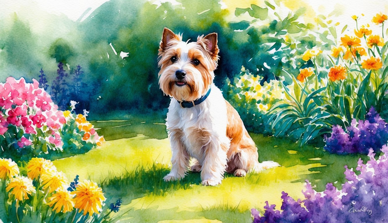 A Cairn Terrier sitting in a lush garden, surrounded by colorful flowers and basking in the sunlight
