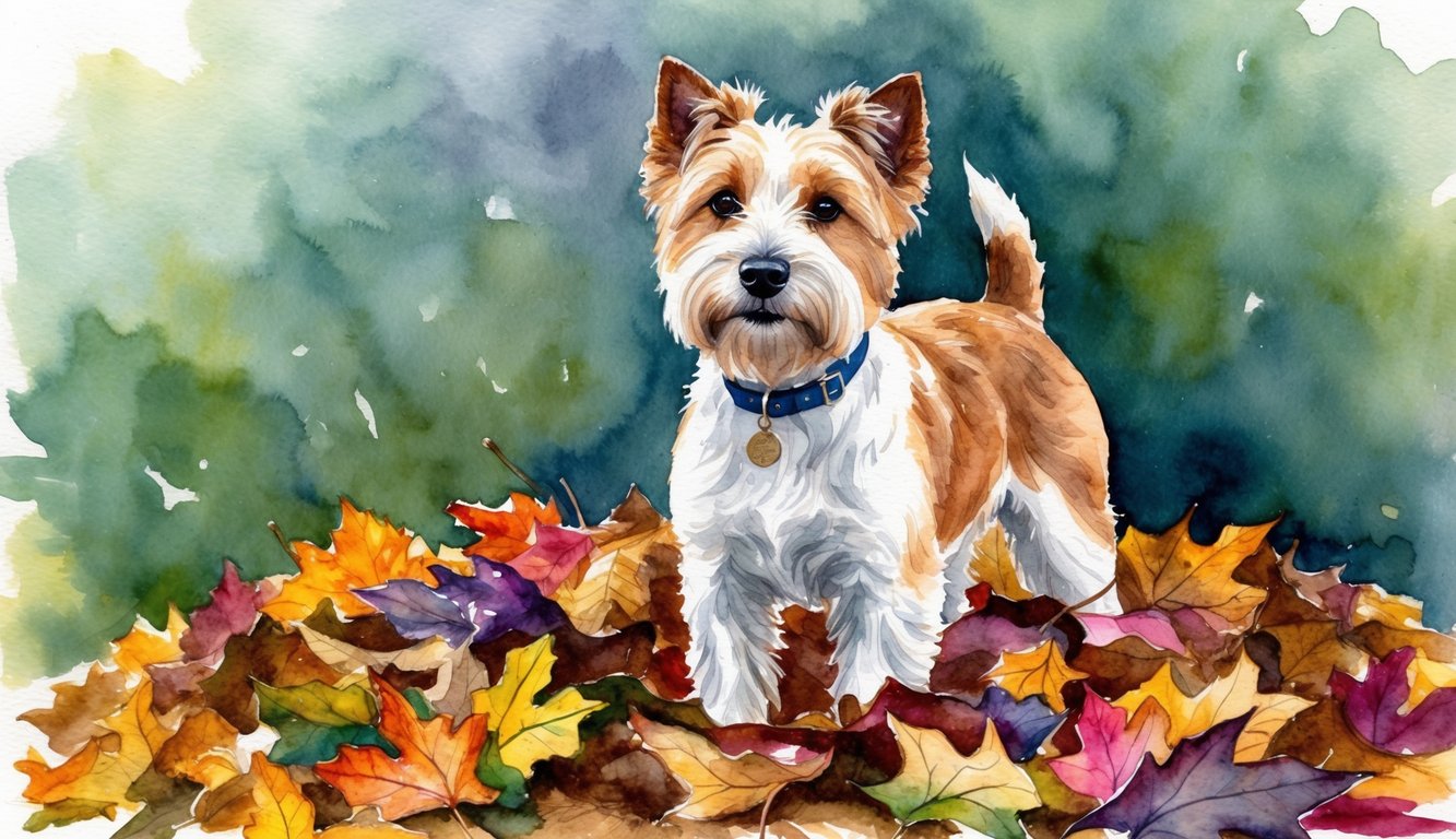 A Cairn Terrier stands proudly amidst a pile of colorful leaves, with a name tag dangling from its collar