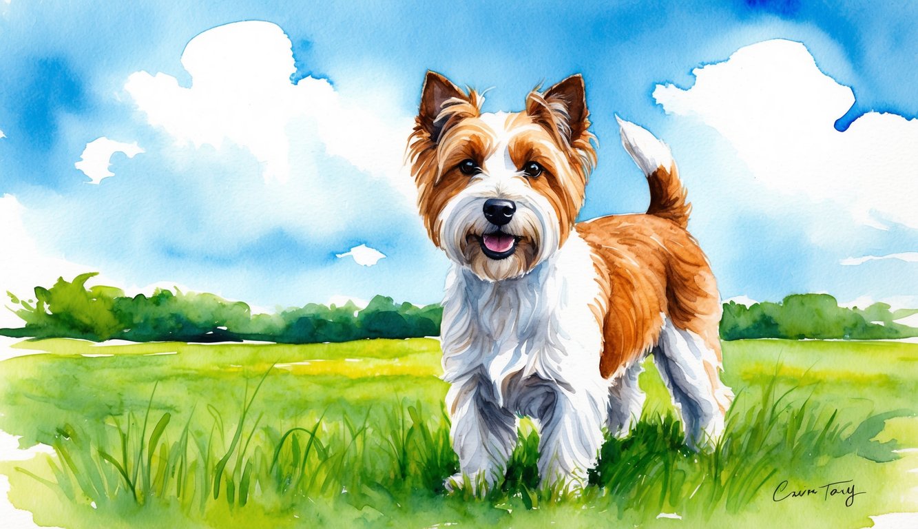 A Cairn Terrier stands proudly in a green field, with a bright blue sky and fluffy white clouds in the background