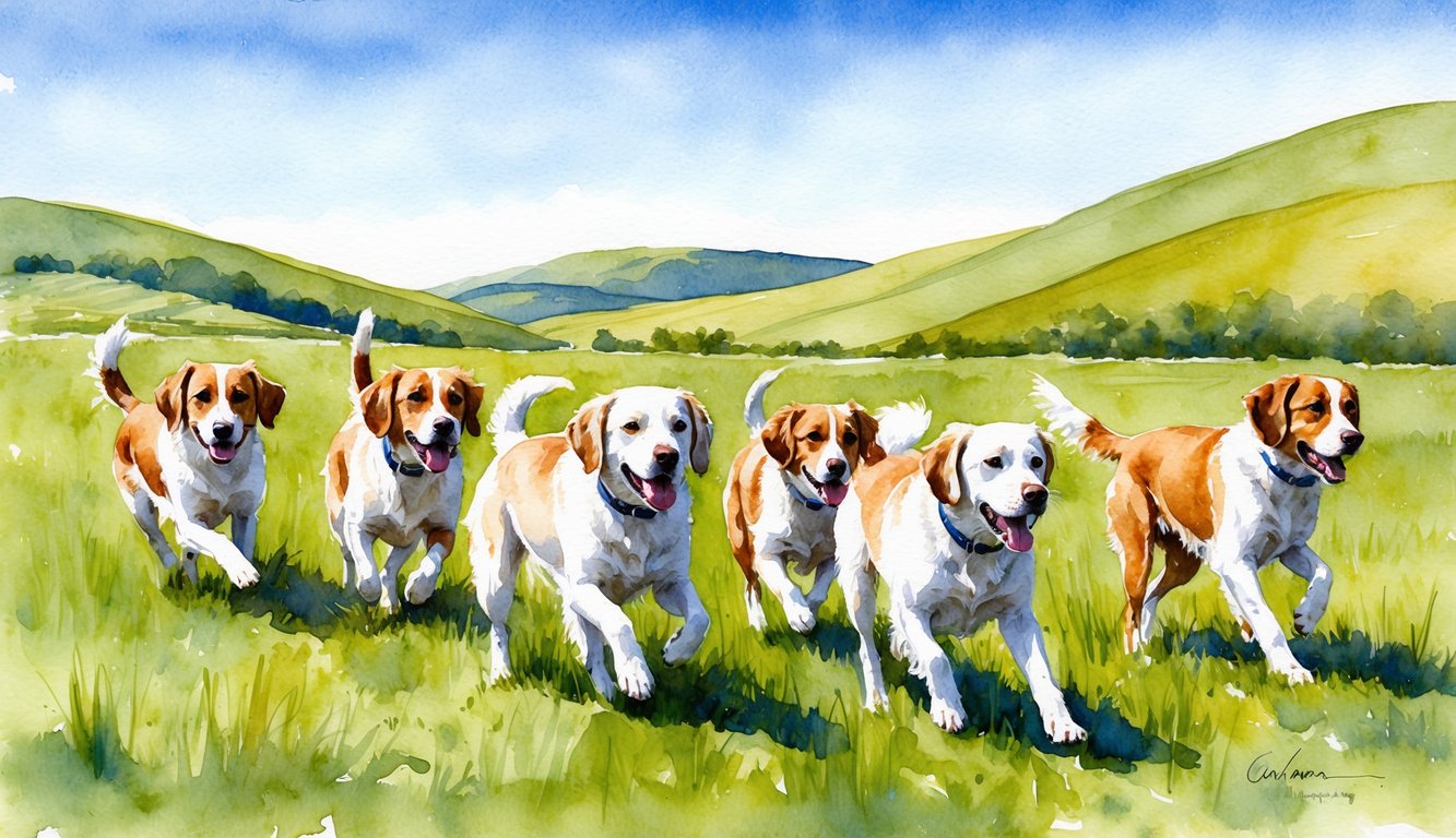 A group of Canaan dogs playing in a grassy field, surrounded by rolling hills and a clear blue sky