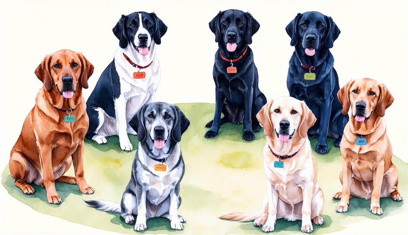 Several Canaan dogs sitting in a circle, each with a unique name tag