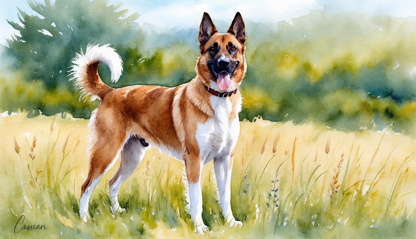 A Canaan dog standing proudly in a field, with ears perked and tail wagging, ready for adventure