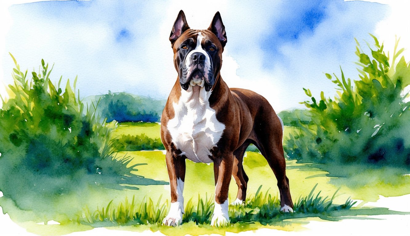 A Cane Corso dog standing proudly with a regal expression, surrounded by a lush green landscape and a clear blue sky
