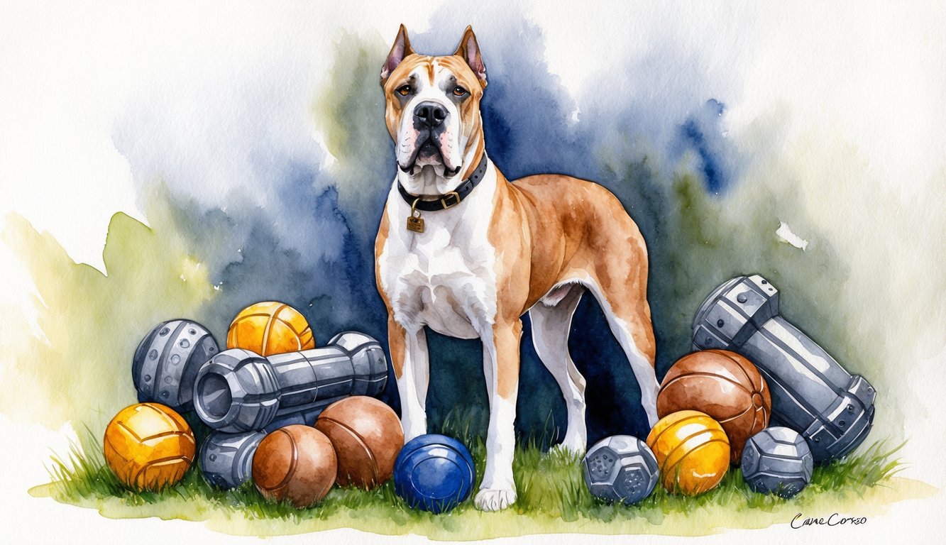 A regal Cane Corso stands proudly with a name tag on its collar, surrounded by a collection of sturdy and powerful dog toys