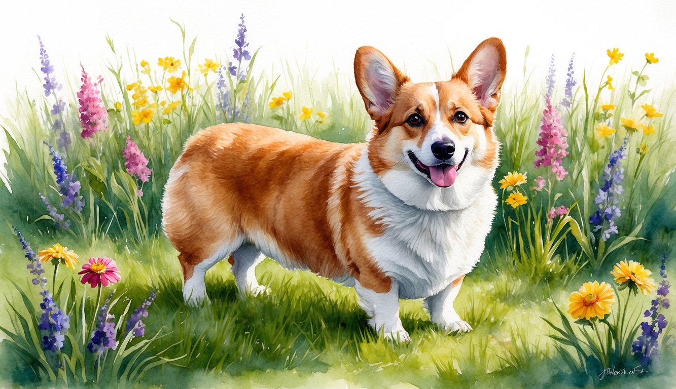 A Cardigan Welsh Corgi standing proudly in a grassy field, surrounded by colorful wildflowers, with a gentle breeze ruffling its fluffy fur