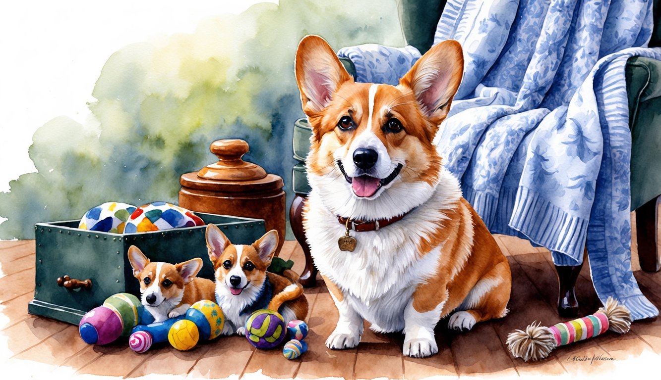 A Cardigan Welsh Corgi sits proudly with a regal expression, surrounded by a collection of dog toys and a cozy cardigan draped over a nearby chair