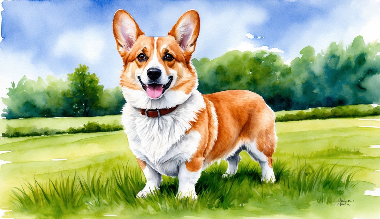 A male Cardigan Welsh Corgi standing proudly with a regal expression, surrounded by a lush green countryside and a clear blue sky