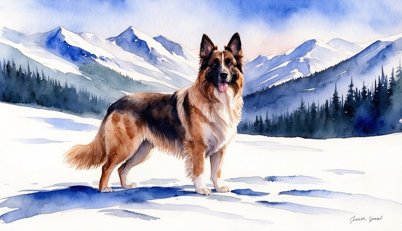 A Caucasian Shepherd dog standing proudly in a vast, snowy mountain landscape