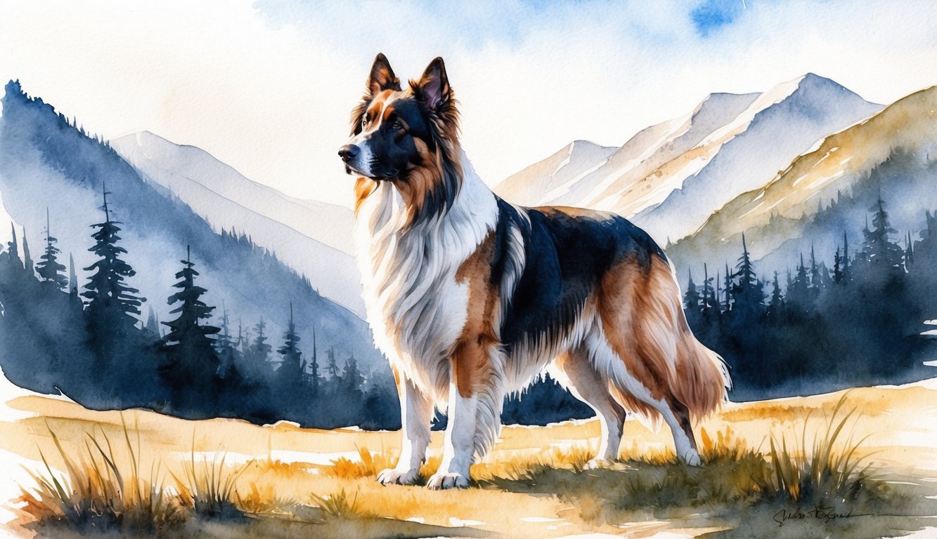 A majestic Caucasian Shepherd stands proudly in a mountainous landscape, gazing out with a strong and regal presence
