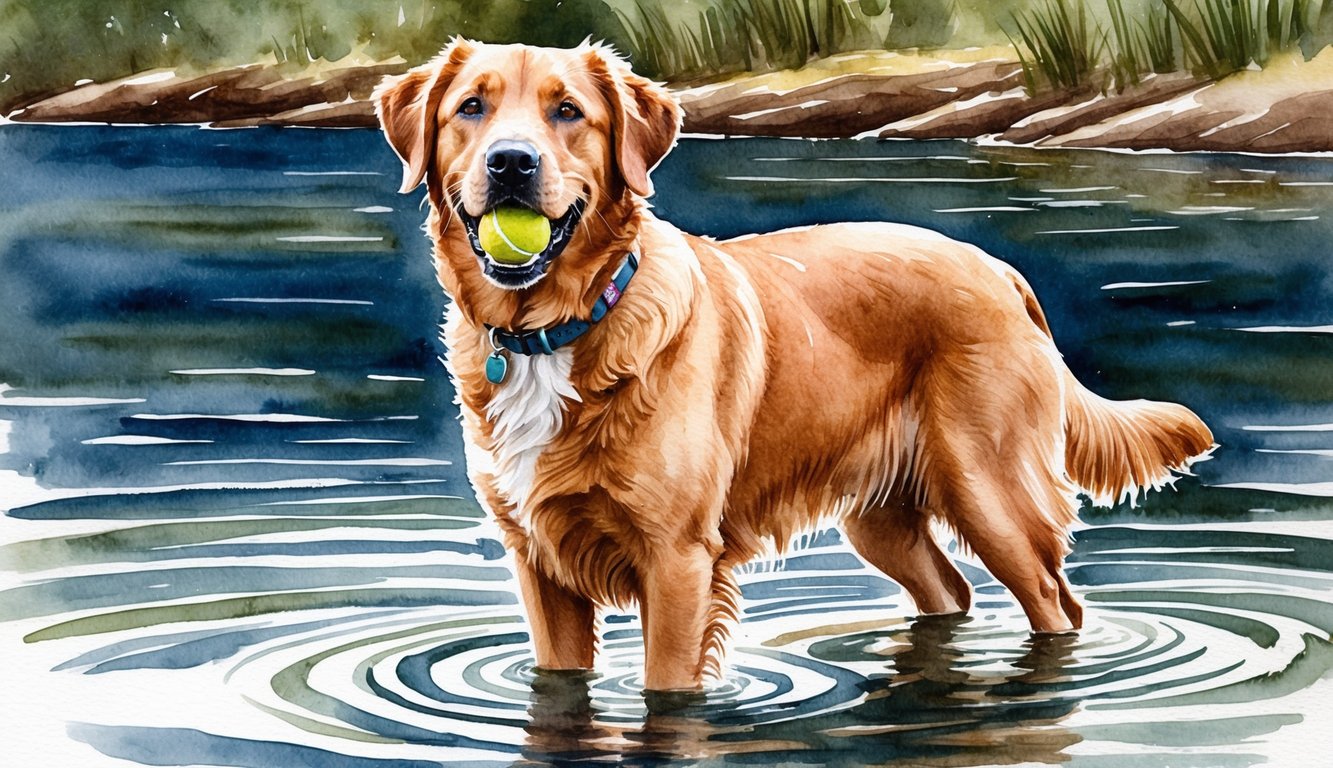 A Chesapeake Bay Retriever stands proudly by the water, with a ball in its mouth and a joyful expression on its face