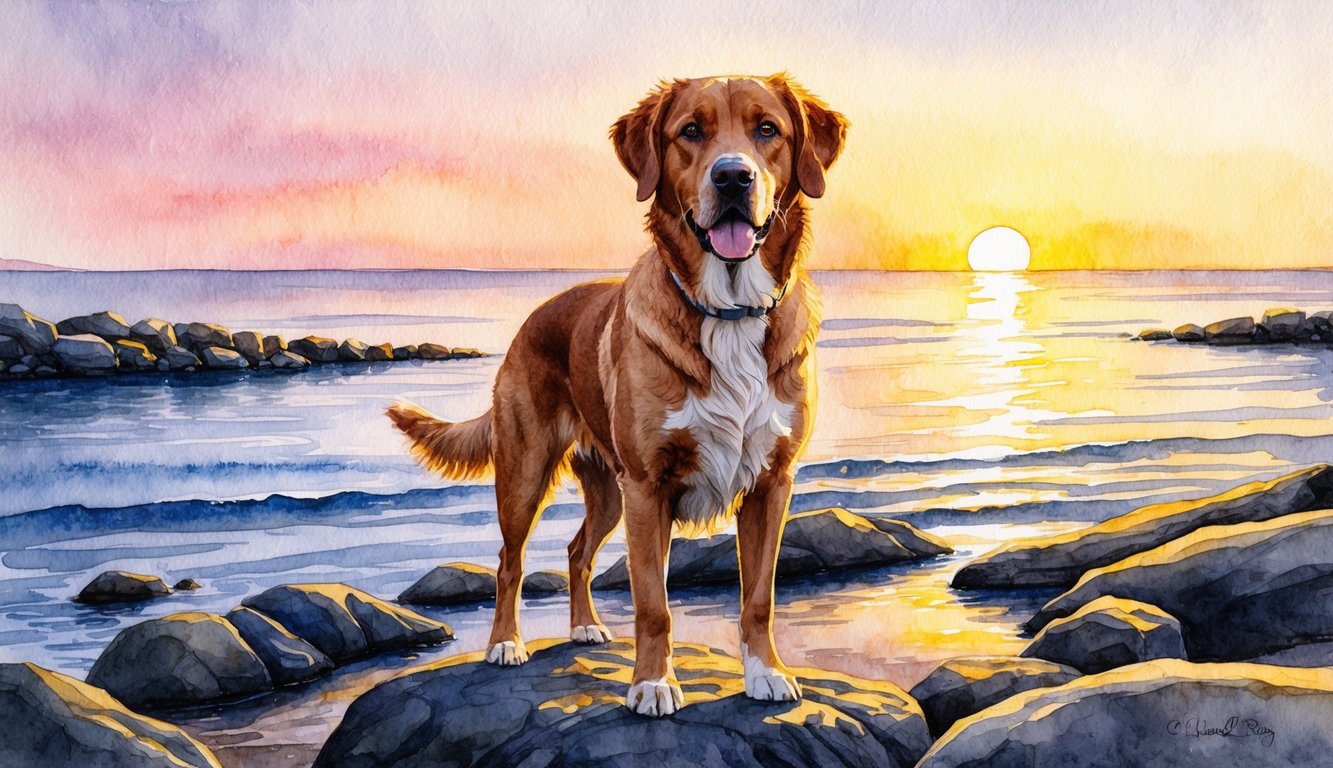 A Chesapeake Bay Retriever standing proudly on a rocky shoreline, with the sun setting behind it and the water reflecting the warm colors of the sky