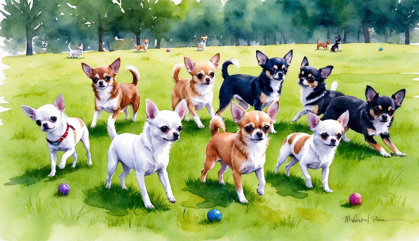 A group of Chihuahuas of various colors and sizes playing in a grassy park with a few small toys scattered around them