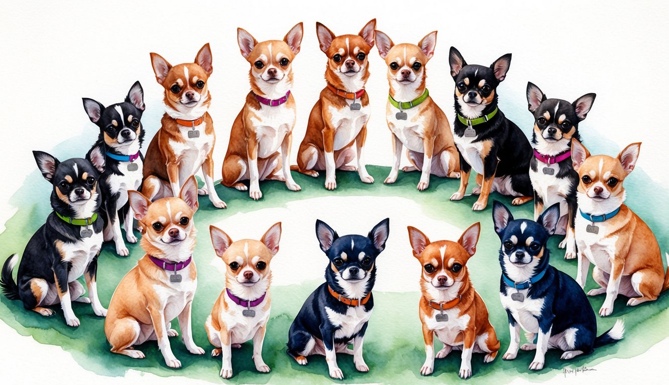 A group of Chihuahuas of various colors and sizes sitting in a circle, each wearing a different collar with a unique name tag