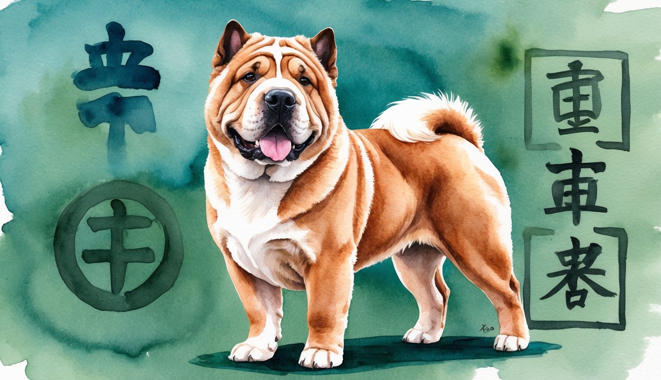 A Chinese Shar Pei standing proudly with traditional Chinese symbols in the background