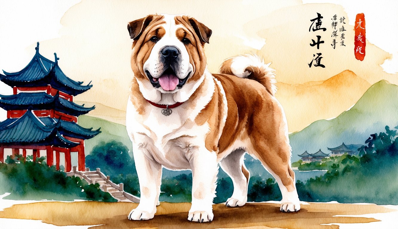 A Chinese Shar Pei standing proudly with a traditional Chinese landscape in the background