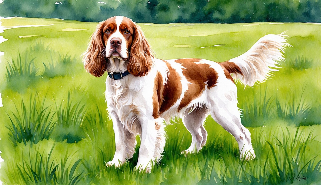 A Clumber Spaniel standing proudly in a lush green field, with its long, white and tan coat flowing in the breeze